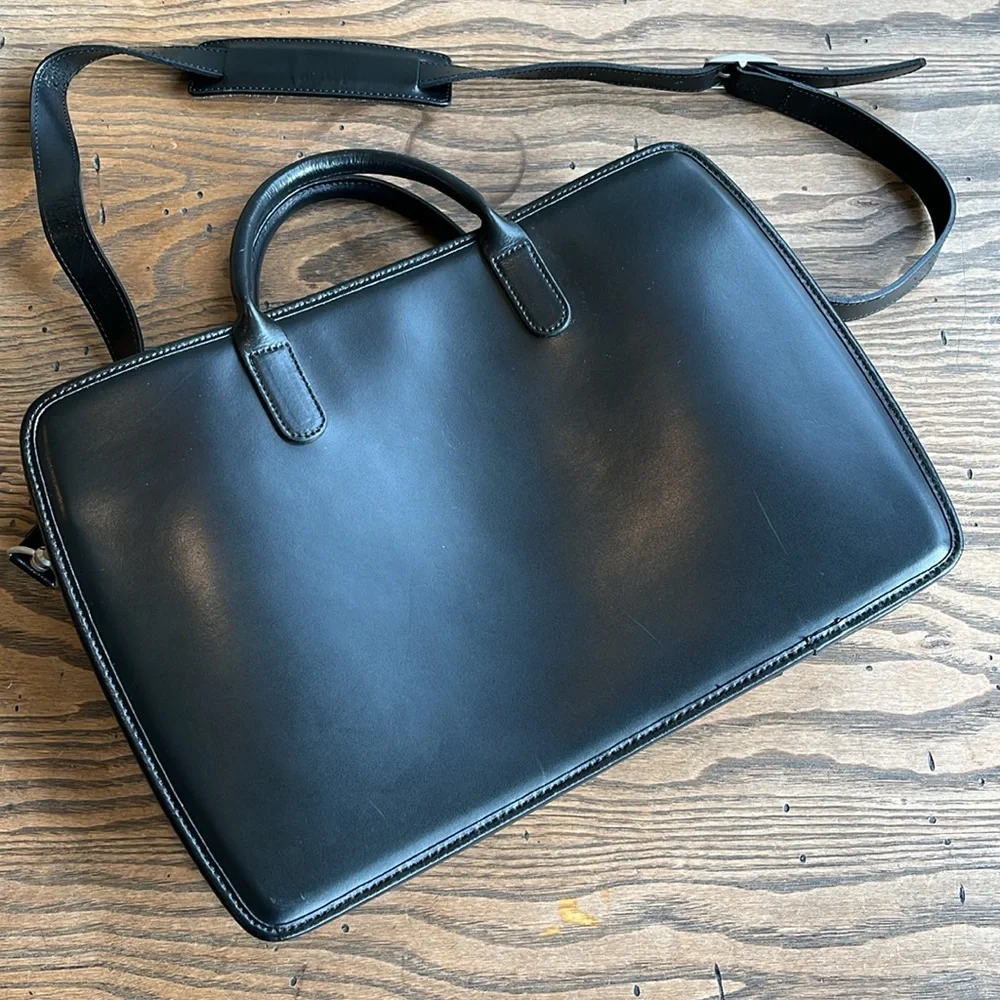 Jack Georges slim black leather briefcase laptop bag  with crossbody strap